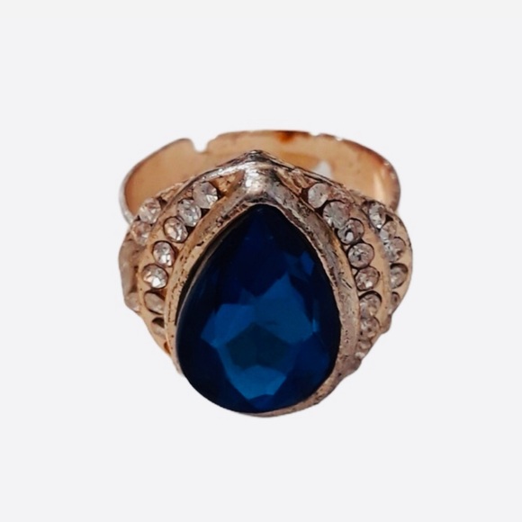 Vintage Ring Blue & Rhinestone Teardrop Adjustable - Picture 1 of 3